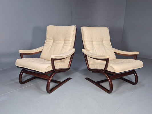 2 Vintage Danish Lounge Chairs Cream Wool Bentwood 1980s Retro MCM EB8540 MBEN - UKDK FURNITURE