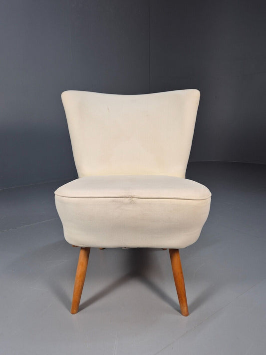 Vintage Danish Cocktail Chair 1950s Cream Cotton Upholstery EB8922 MNOR - UKDK FURNITURE