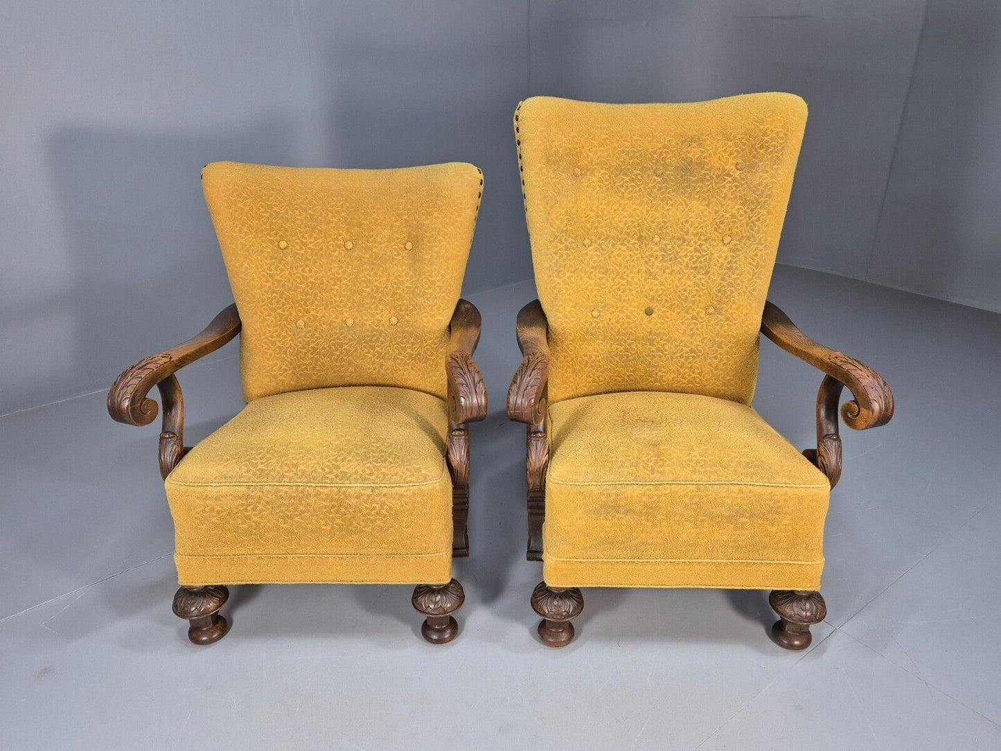 2 Vintage Baroque Armchgairs in Oak and Mustard Moquette 1940s EB9005 VCLO - UKDK FURNITURE