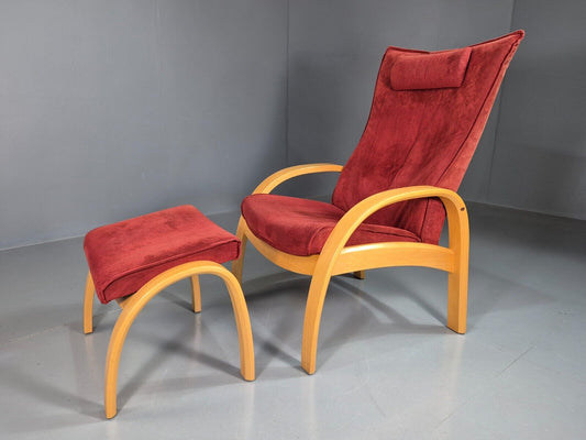 Vintage Danish Lounge Chair Footstool Reclining Red Oak 1980s Retro EB7438 MBEN - UKDK FURNITURE