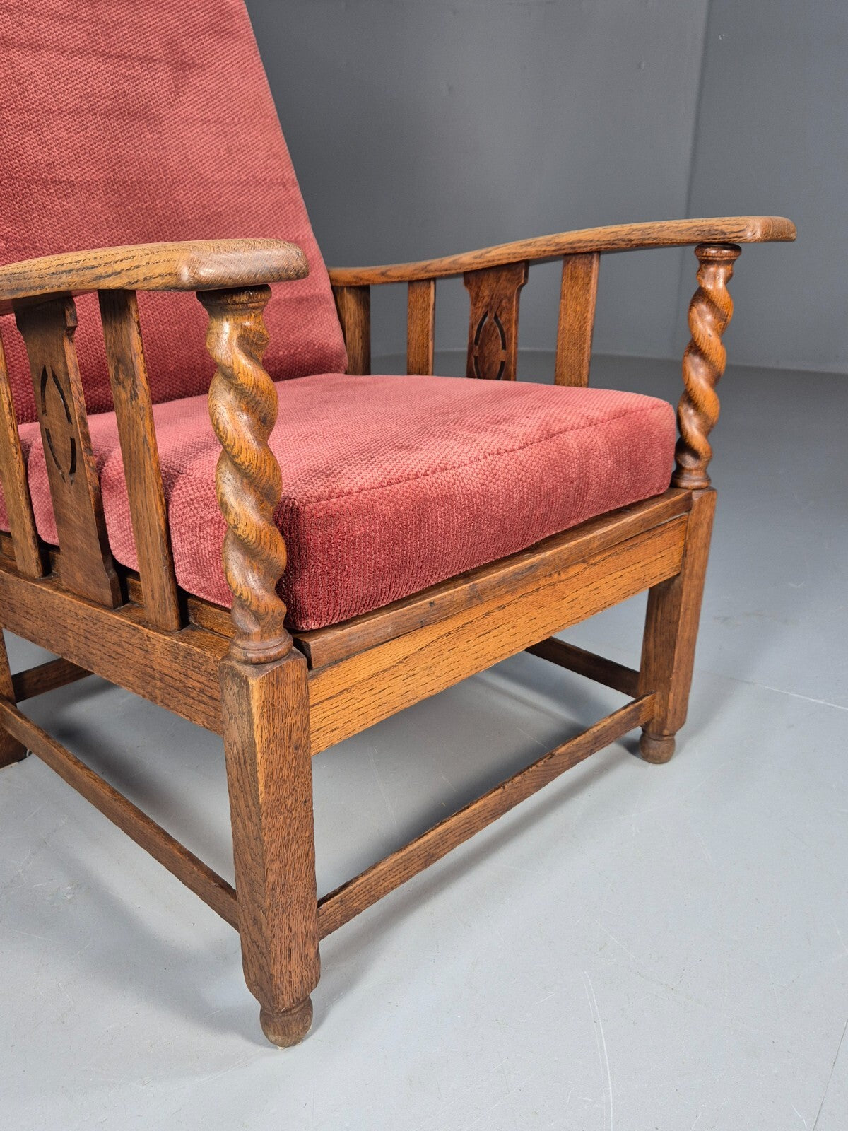 Vintage Antique Oak Reading Chair Deep Red Upholstery 1930s RedEB9457 VCLO - UKDK FURNITURE