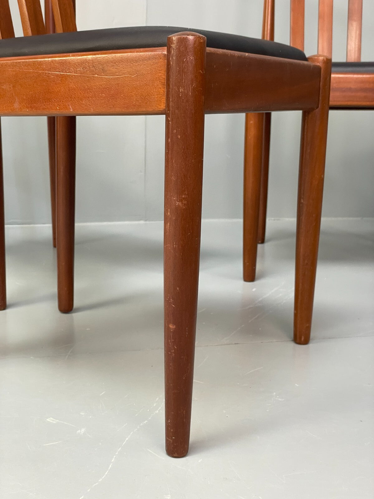 Vintage Meredew Dining Chairs Six Mahogany Teak 1970s Black Vinyl EB9726 MDIN - UKDK FURNITURE