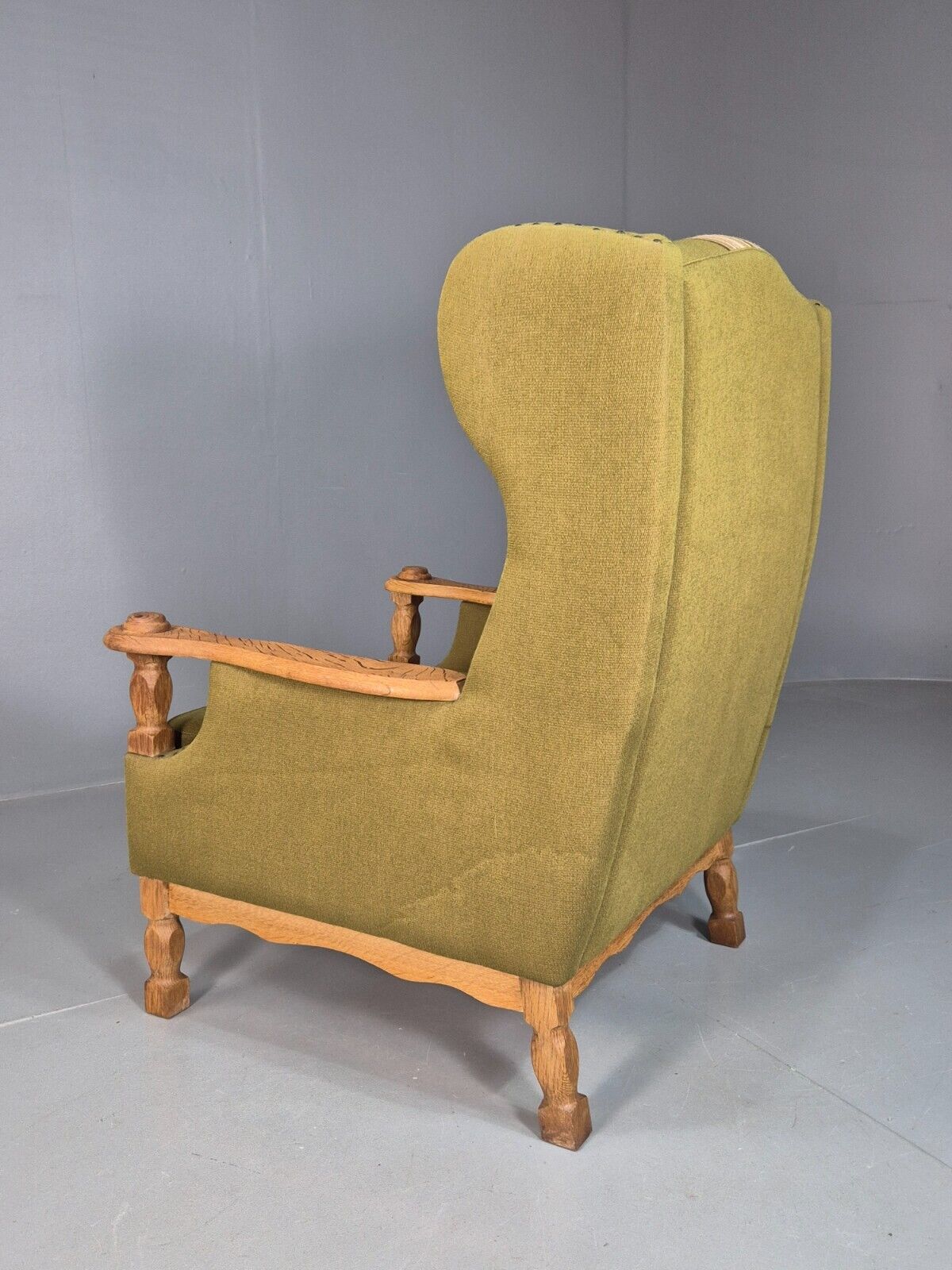 Vintage Danish Green Striped Wingback Armchair Oak Studded Skippers EB8044 MNOR - UKDK FURNITURE