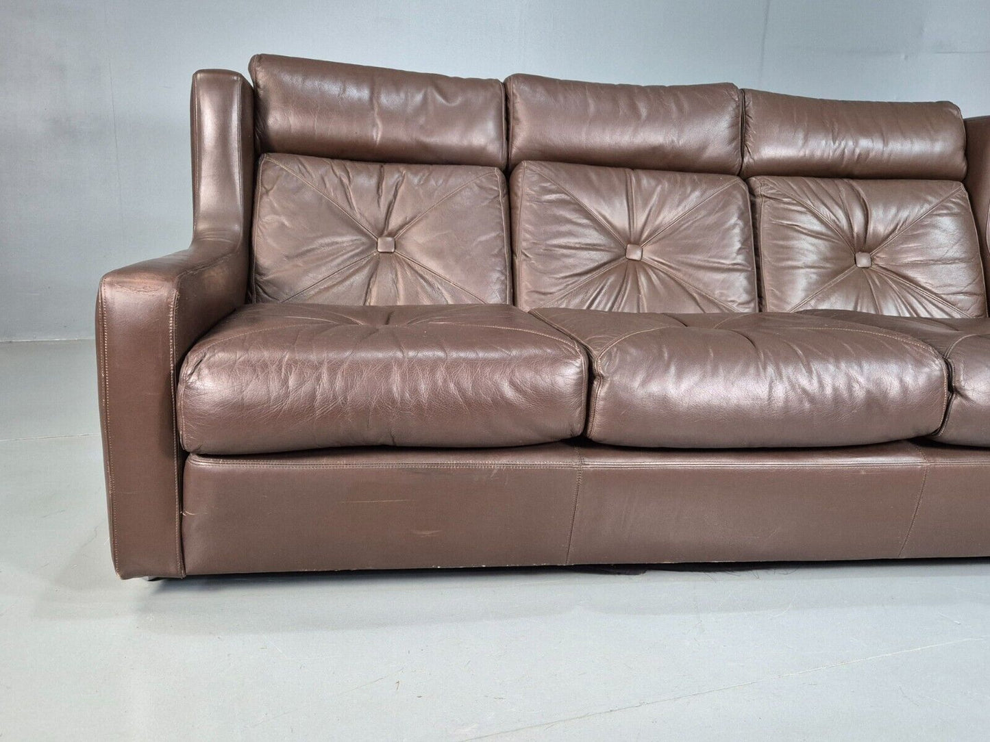 Vintage Danish 3 Seat Sofa Brown Leather Wing Back 1970s Retro MCM EB7977 M3SS - UKDK FURNITURE