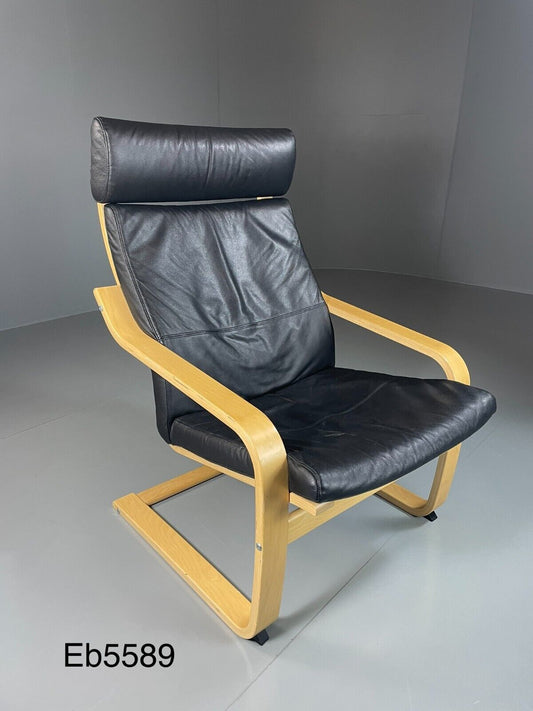 IKEA Poang Chair, Bentwood Framed With Black Leather, MCM, Retro EB5589 MBEN - UKDK FURNITURE