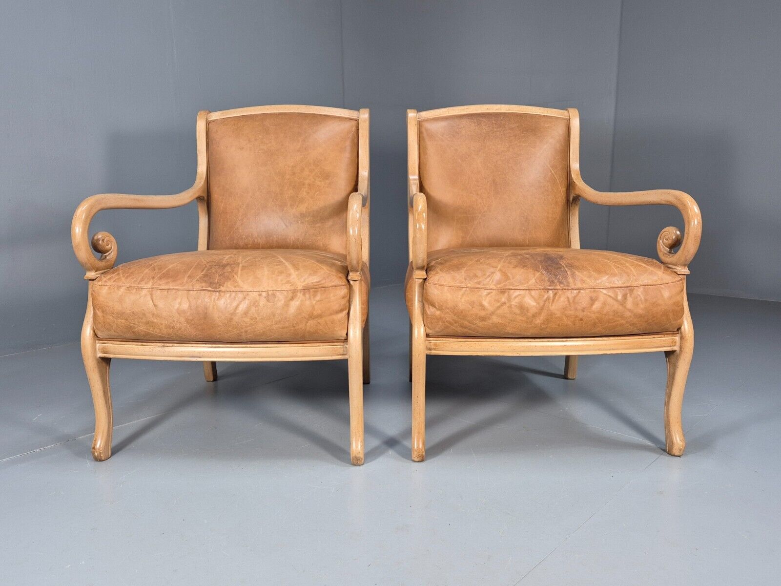 2 Vintage Lounge Chairs Tan Leather Cream Wood Frame Antique Style EB9028 VLEA - UKDK FURNITURE