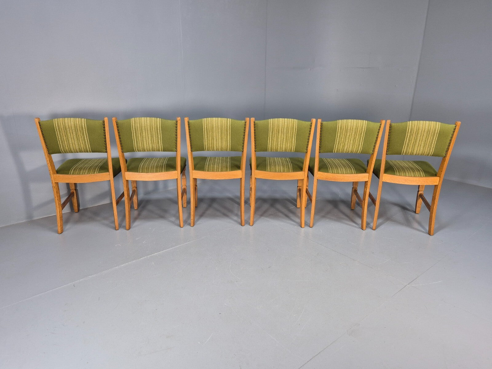 6 Kjaenulf Oak Danish Dinning Chairs Green Stripe Upholstery 1970s EB9536 MDIN - UKDK FURNITURE