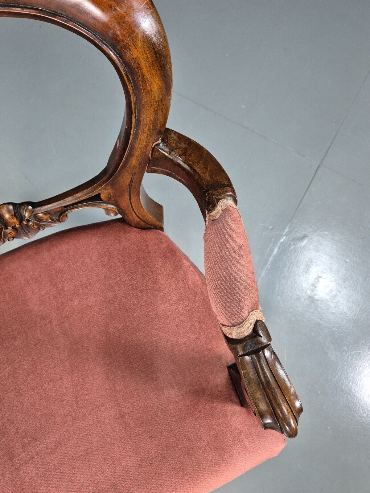 Vintage Elbow Chair Pink Velour Mahogany Frame Balloon Back Antique EB7861 VCAR - UKDK FURNITURE
