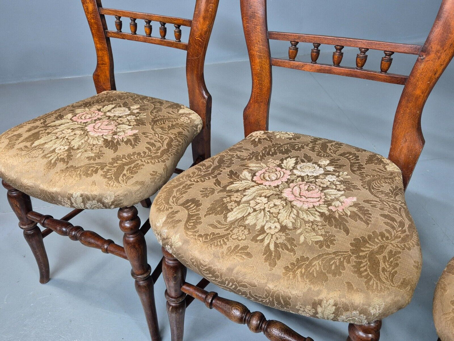 3 Vintage Dining Chairs Floral Seats Walnut Frame Balloon Victorian EB8182 VDIN - UKDK FURNITURE