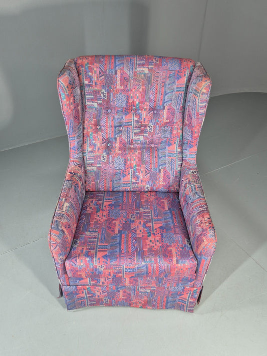 Vintage Danish Wingback Chair 1980s Retro Geometric Cotton Weave EB11291 MNOR1