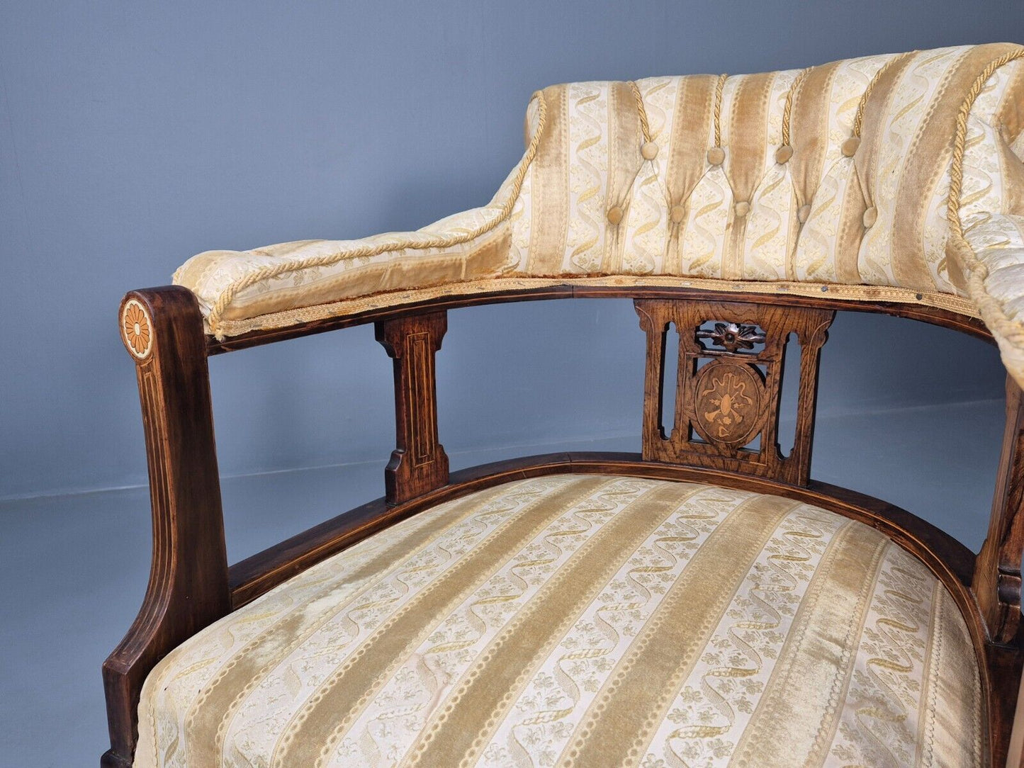 2 Vintage Lounge Chair Gold Stripe Mahogany Inlay Edwardian Revival EB8429 VCLO - UKDK FURNITURE