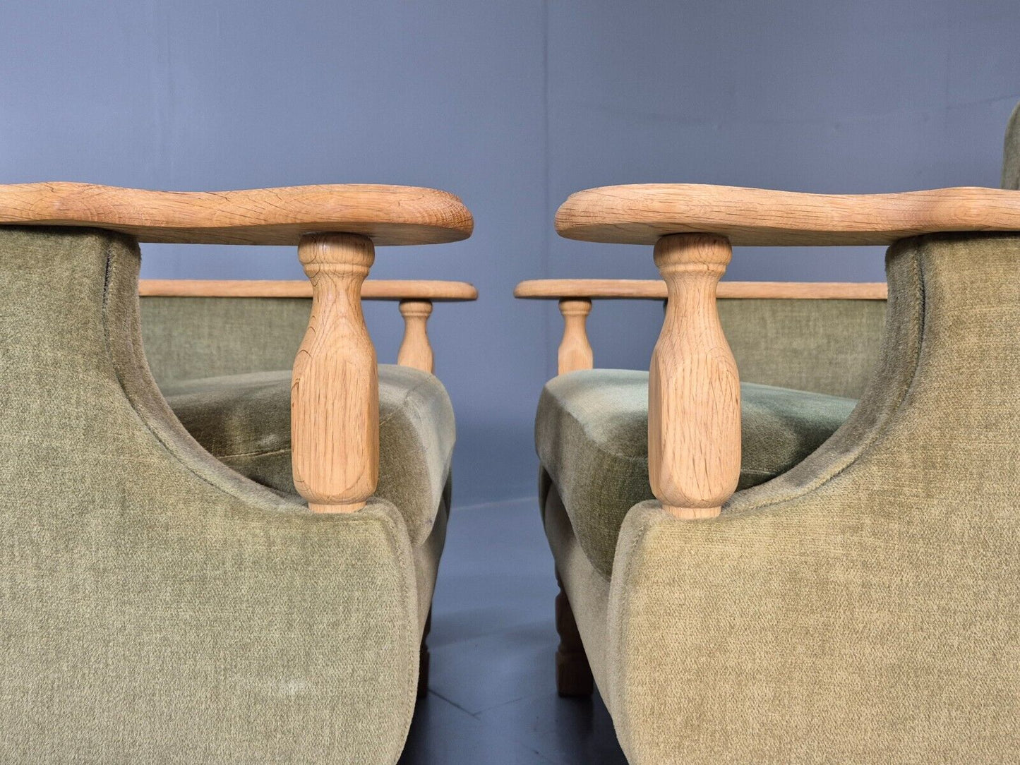 2 Vintage Danish Lounge Chairs Green Oak Frame Kjearnulf Retro 1970s EB8279 MNOR - UKDK FURNITURE