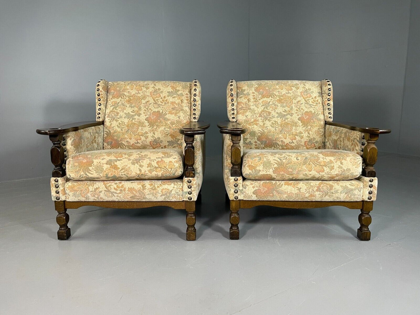 2 Vintage Danish Lounge Chairs Floral Cotton Oak Frame Retro EB6690 MNOR - UKDK FURNITURE
