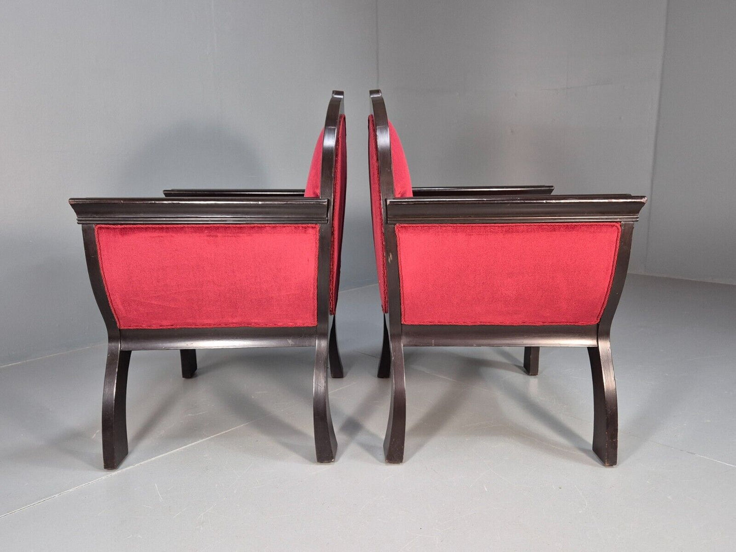 2 Vintage Danish Lounge Chairs Red Velour Mahogany Gondola Style EB8997 VCLO - UKDK FURNITURE