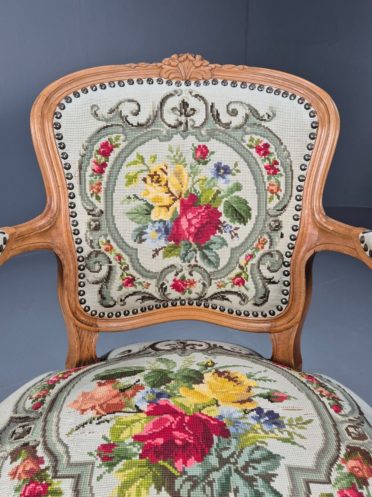Vintage Danish Fauteuil Chair Embroidery French Antique Style 1963 EB8082 VCAR - UKDK FURNITURE
