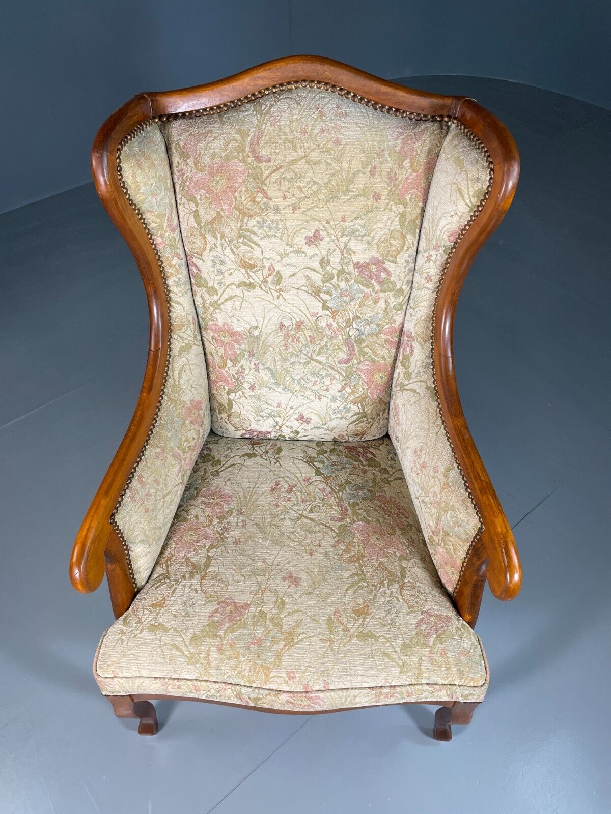 EB6426 Vintage Danish Wing Back Lounge Chair Haedwood Frame Floral Antique VCLO - UKDK FURNITURE