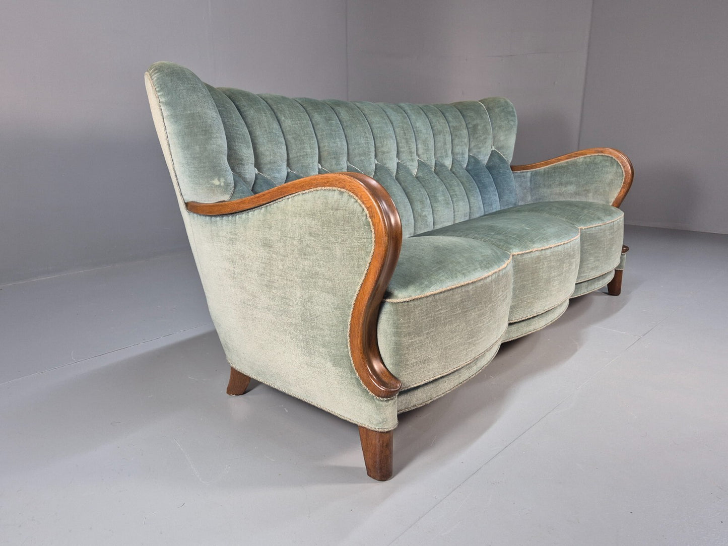 Vintage Danish Art Deco Sofa Blue Velvet Velour Oak Frame Shell Back EB9591 V3SS - UKDK FURNITURE