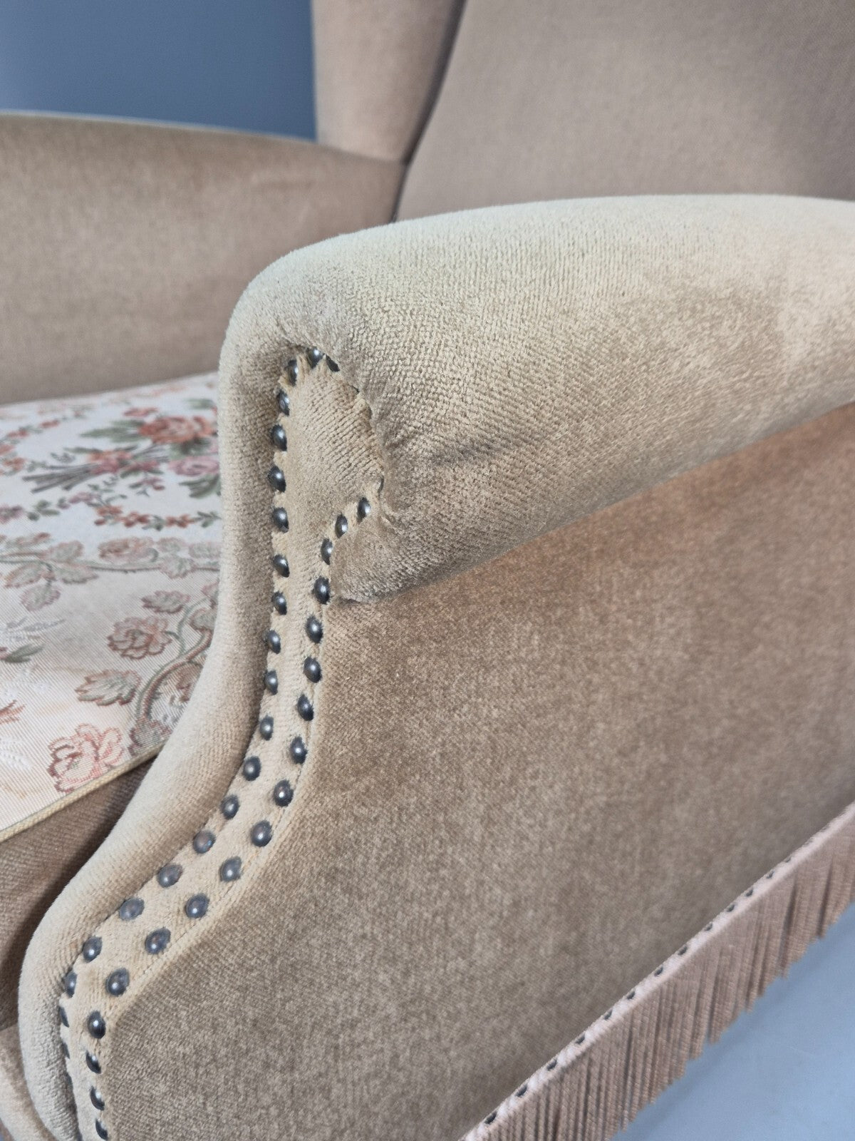 Vintage Danish Wing Back Lounge Chair 1950s Retro Tassels and Floral EB9013 VCLO - UKDK FURNITURE
