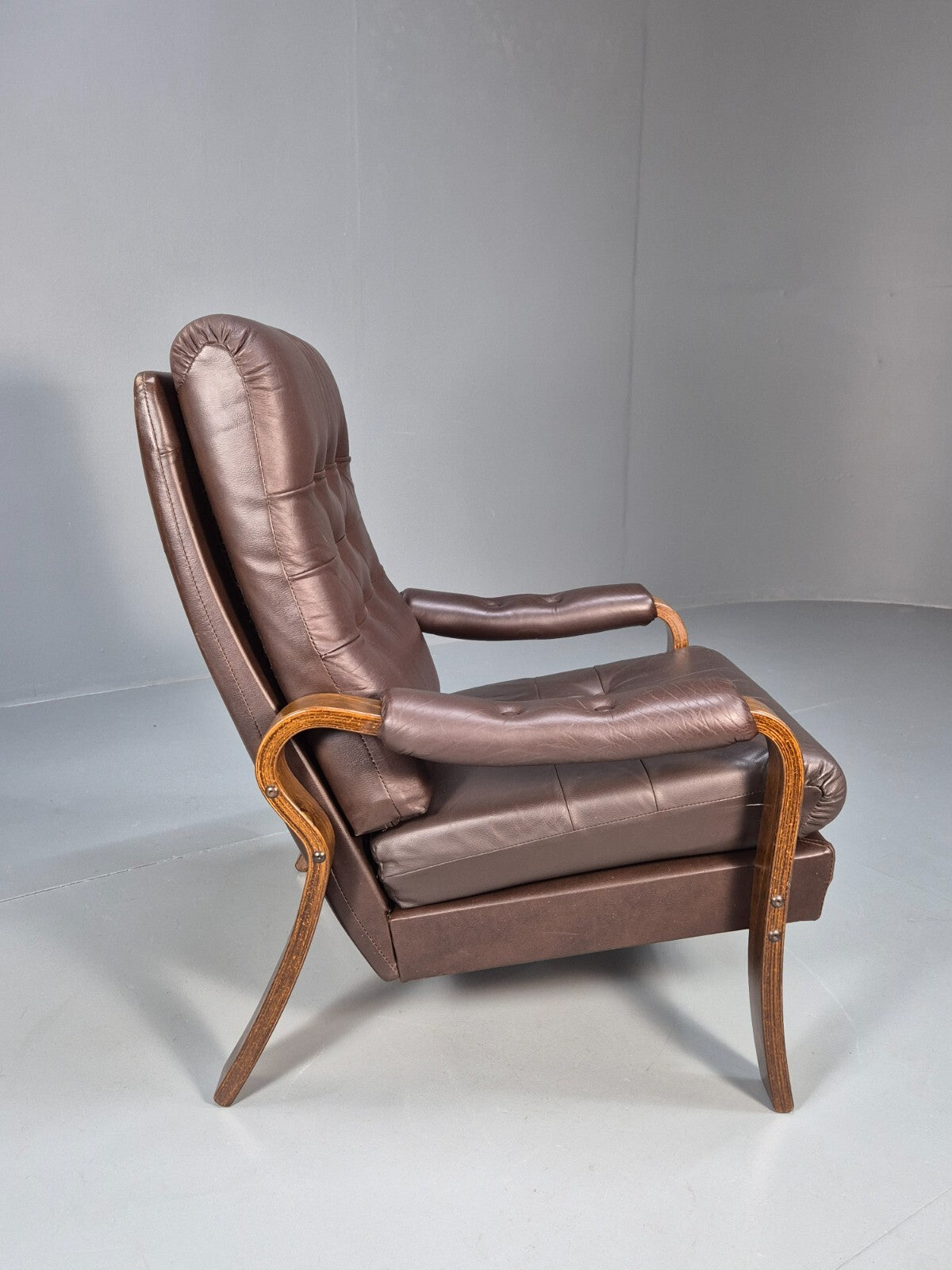 Vintage Danish Brown Leather Lounge Chair Bentwood Frame 1970s Retro EB9287 MNOR - UKDK FURNITURE
