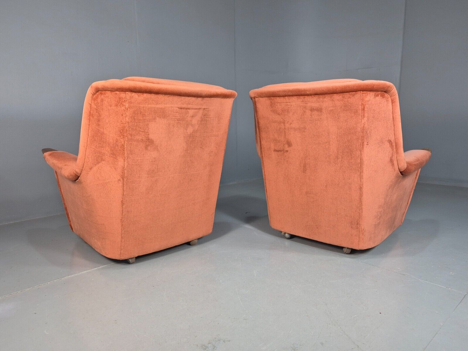 2 Vintage Lounge Chairs Pink Velour Teak Paws 1960s Retro EB8203 MNOR - UKDK FURNITURE