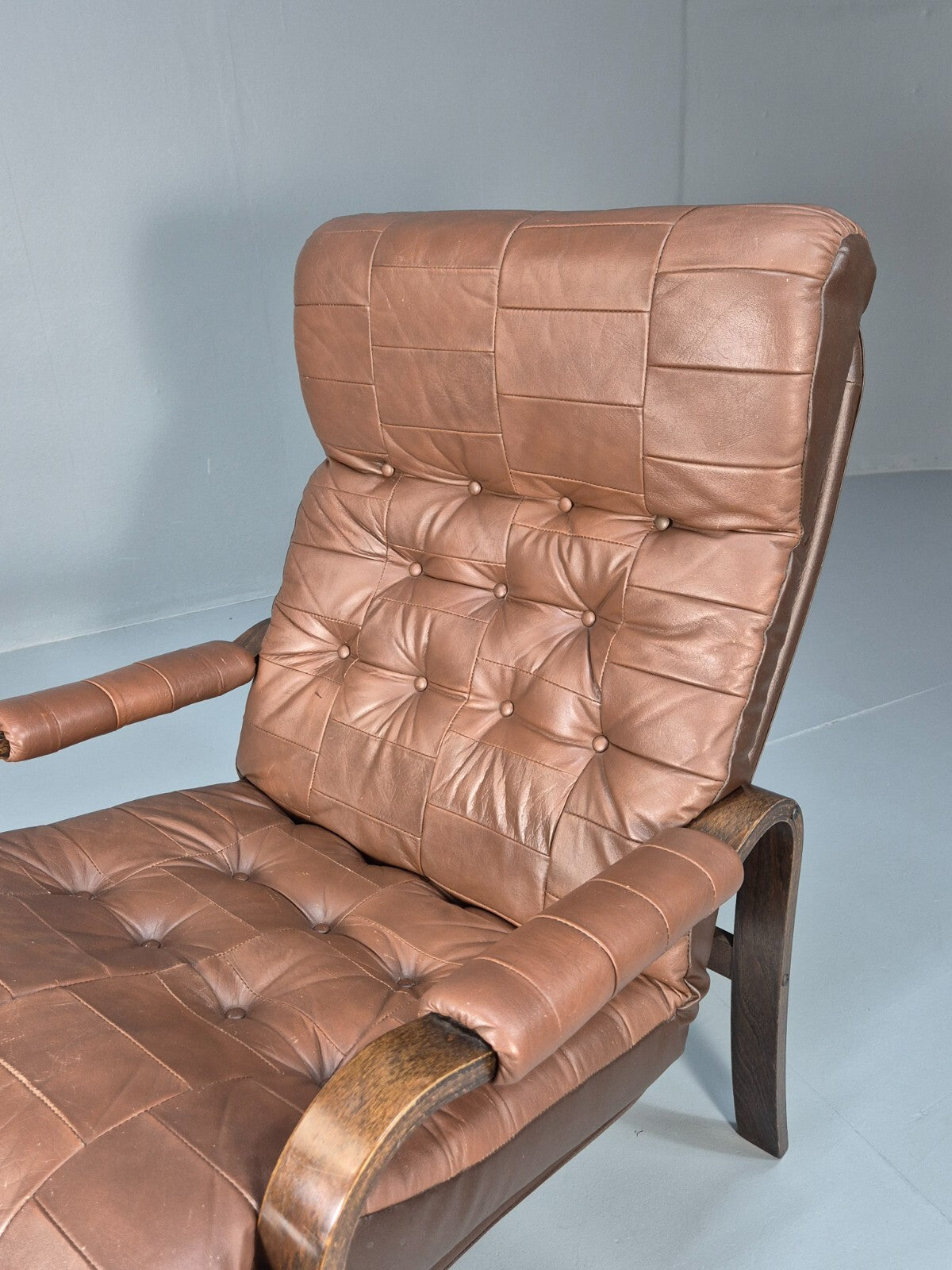 Vintage Danish Bentwood Lounge Chair Brown Leather Buttoned 1970s EB9486 MBEN - UKDK FURNITURE