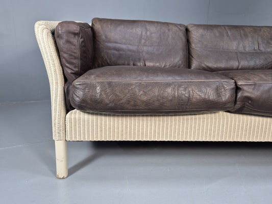 Vintage 2 Seat White Lloyd Loom Sofa Later Black Leather Cushions EB9448 V2SS - UKDK FURNITURE