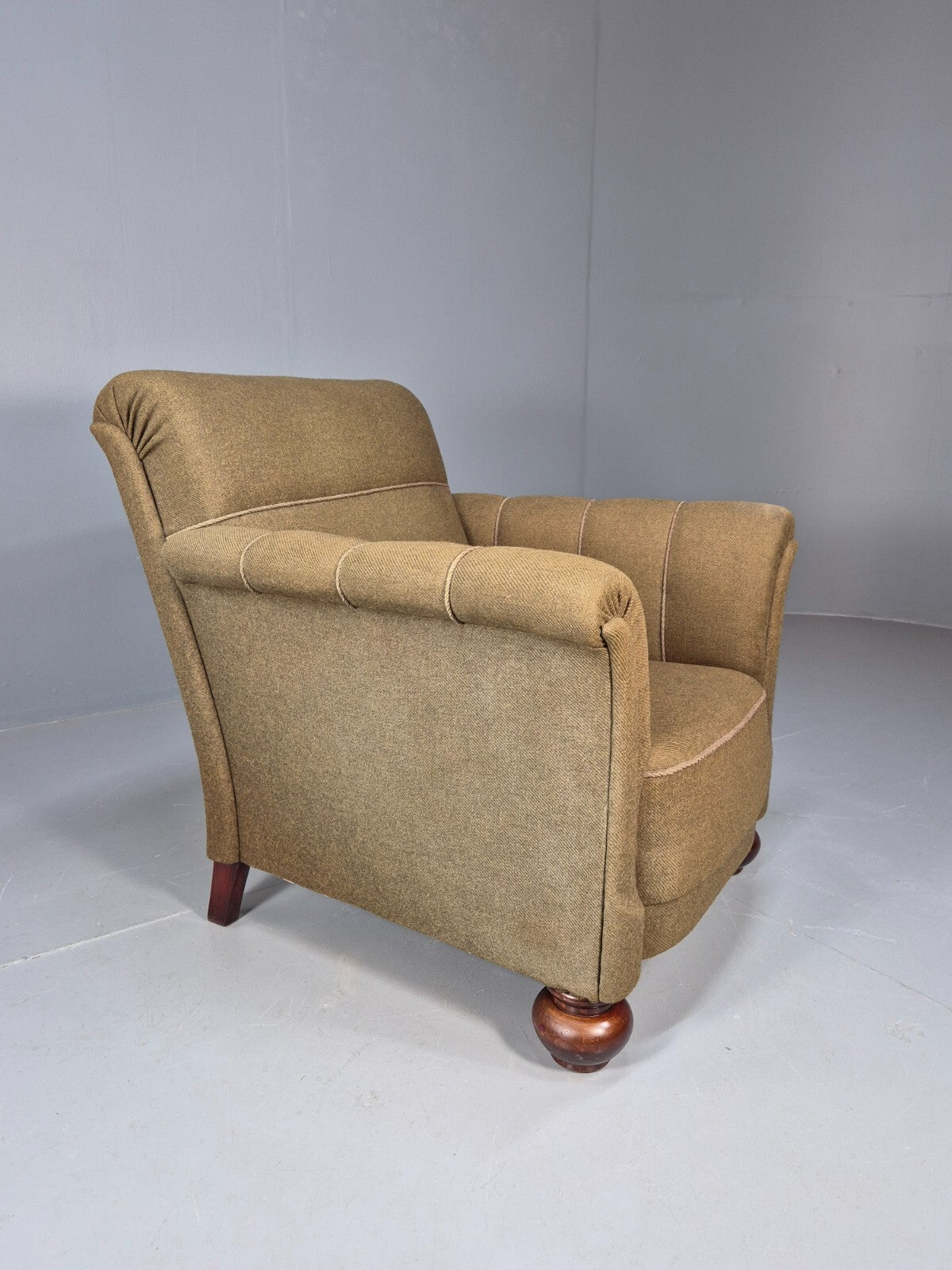 Vintage Danish Lounge Chair Green Wool Upholstery Bun Feet 1920s EB9006 VCLO - UKDK FURNITURE
