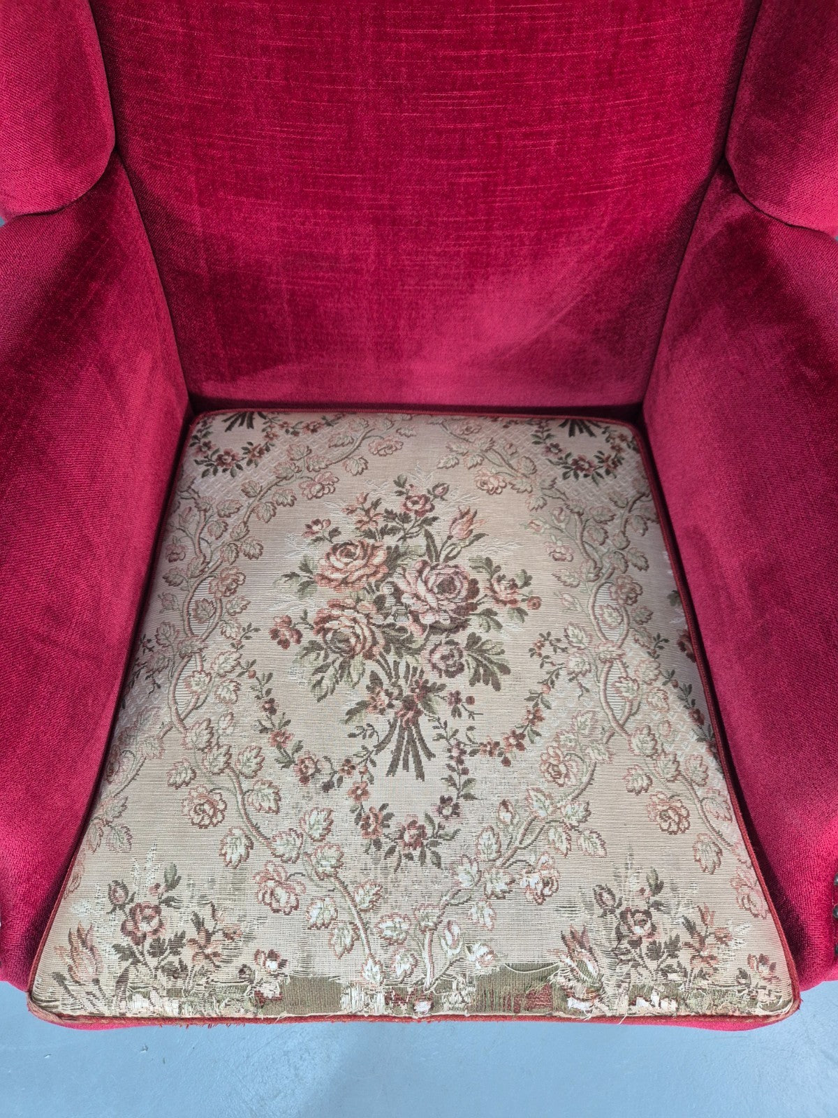 Wing Back Lounge Chair Red Velour Danish 1960s Georgian Style EB10754 VCLO22