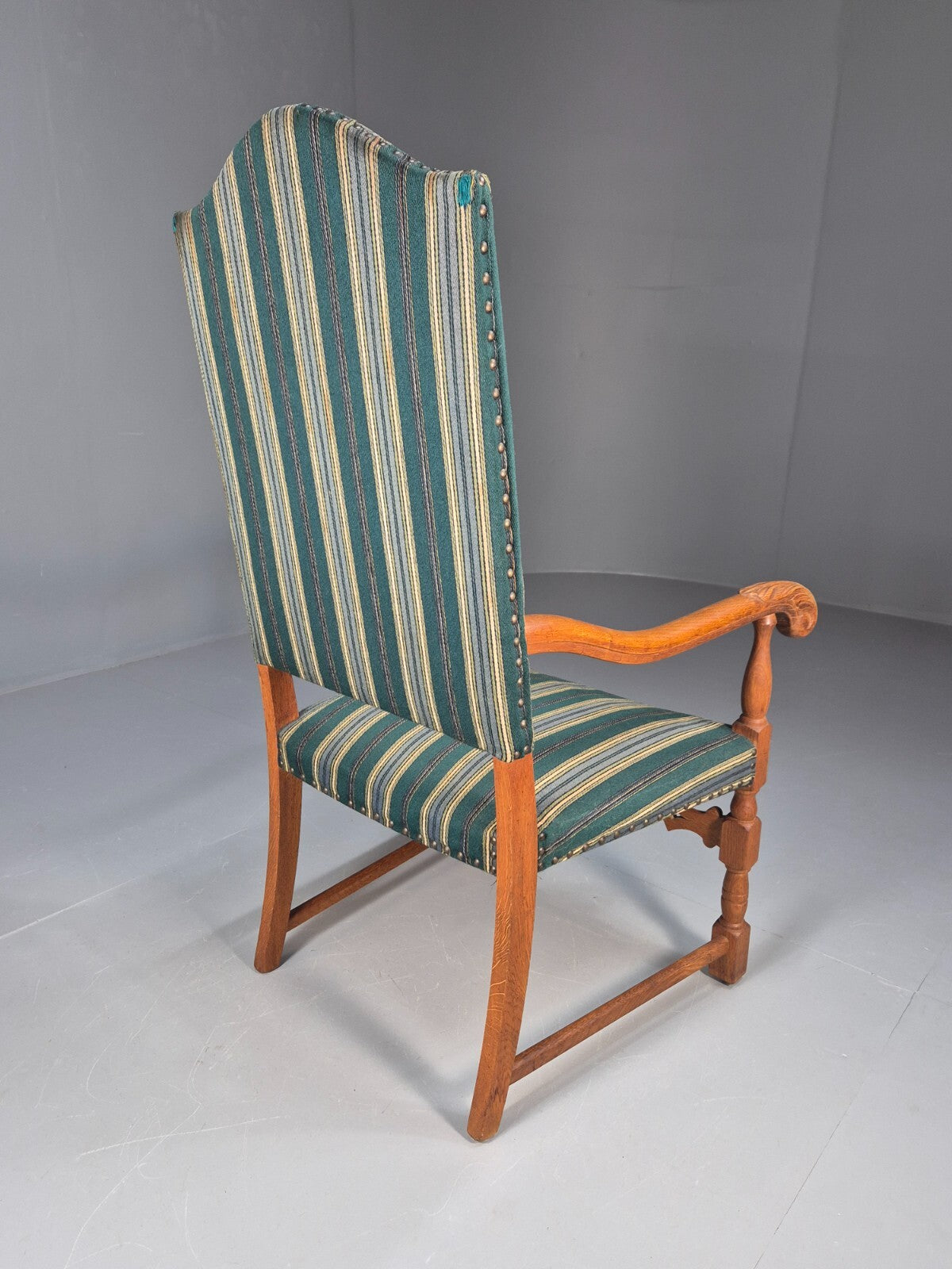 A Vintage Danish Baroque Style Armchair Green Wool Stripe Oak Frame EB9002 VCLO - UKDK FURNITURE