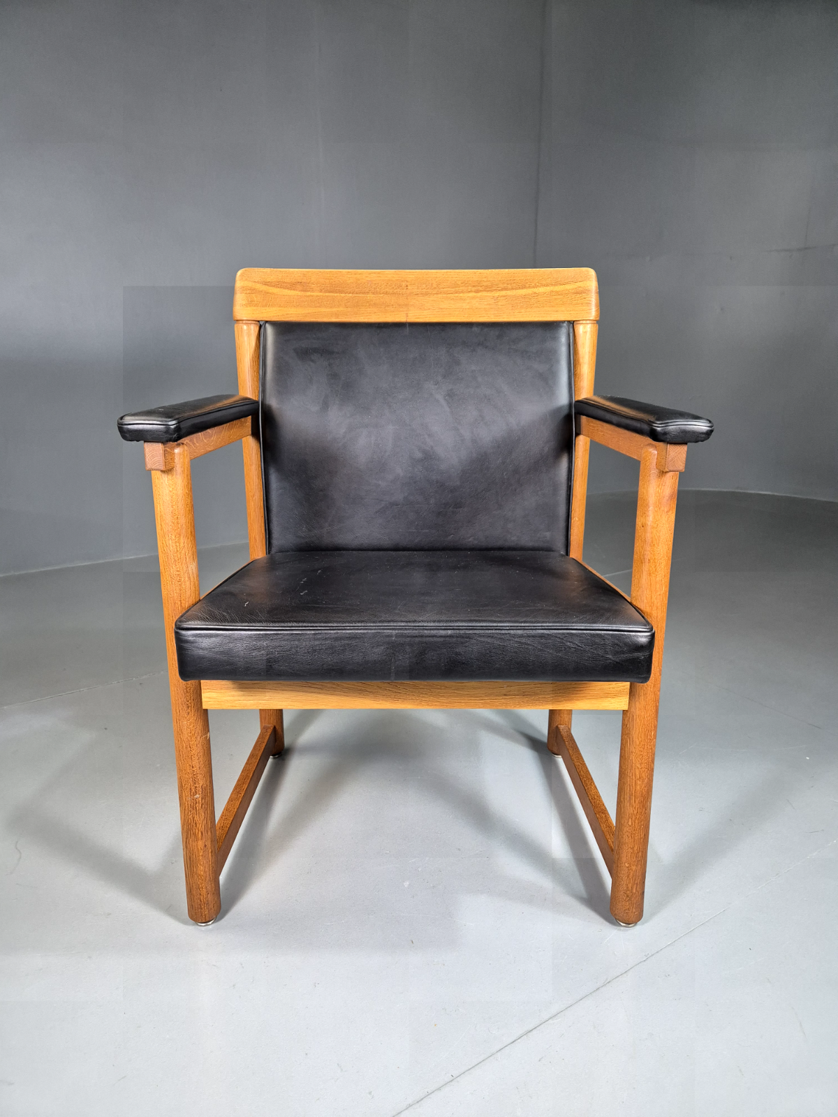 Vintage Swedish Armchair Black Leather Oak Frame Retro MCM EB7001 MNOR - UKDK FURNITURE