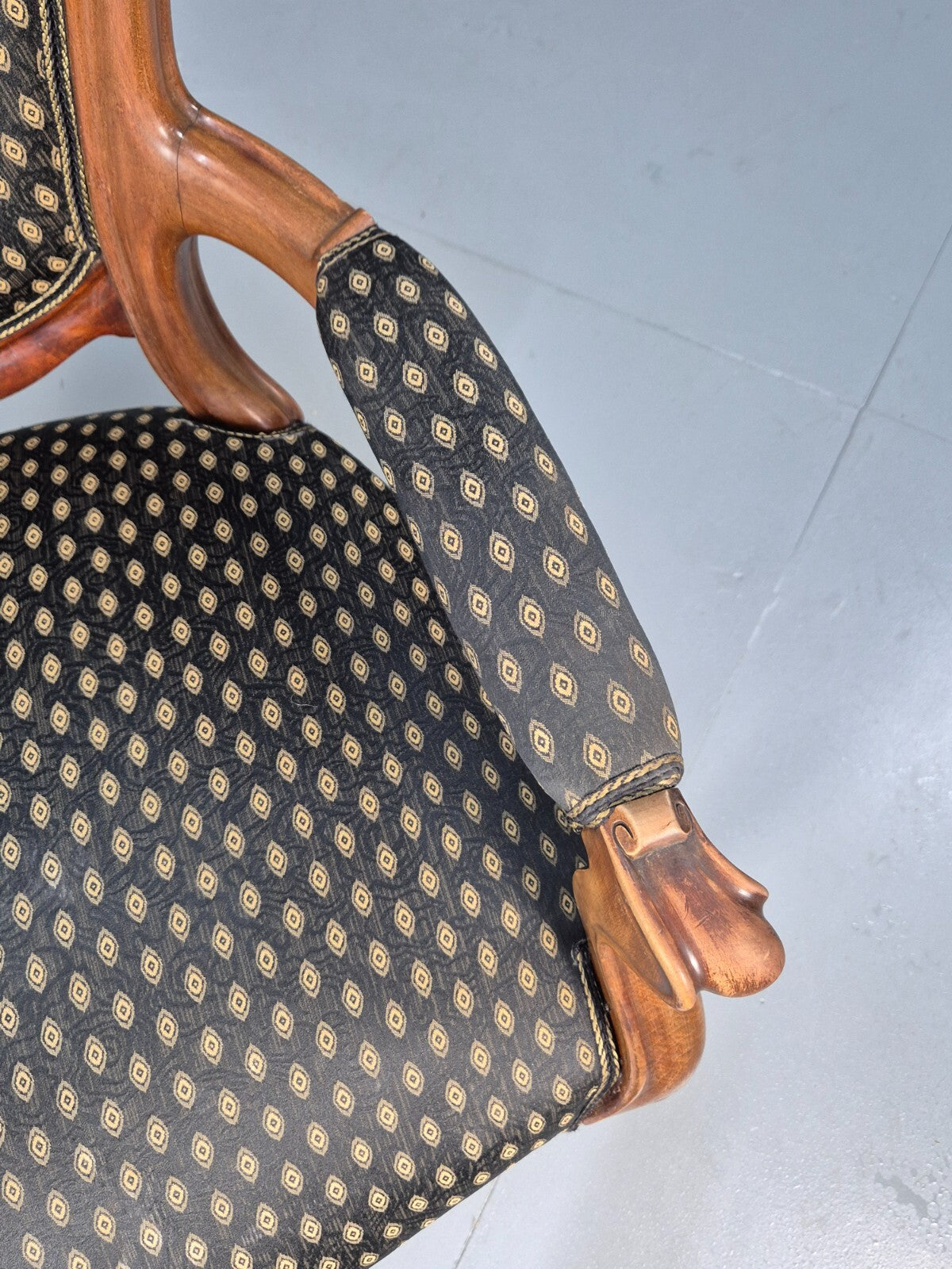 Antique Mahogany Armchair Black Pattern Fabric Louis XV Style EB9552 VCLO - UKDK FURNITURE