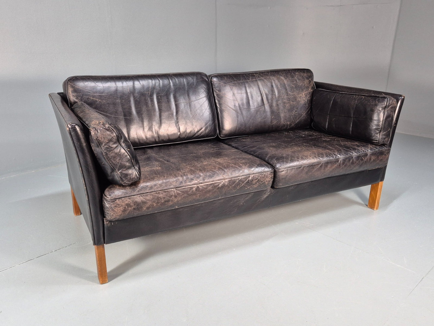 Mid Century Two Seater Sofa Black Leather Vintage Danish 1980s MCM EB10713 M2SS1