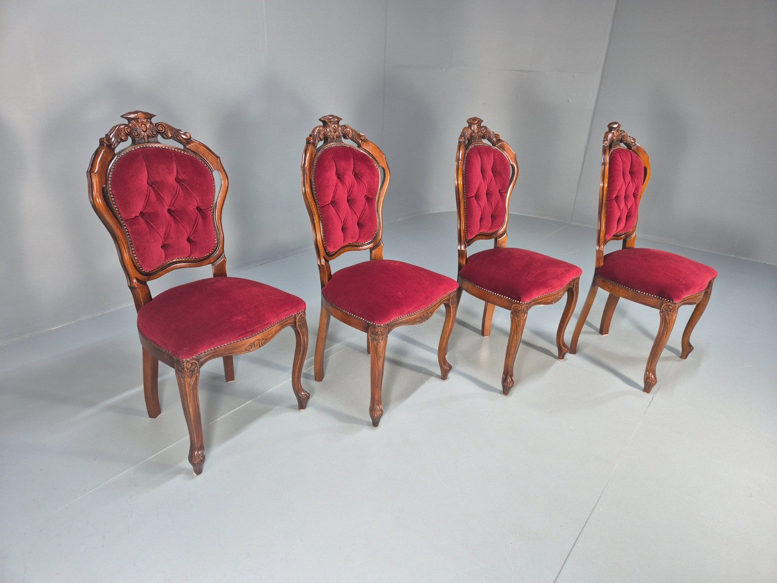 4 Rococo Saloon Chairs Vintage Reproductions Red Velour 1980s EB10691 VDIN13
