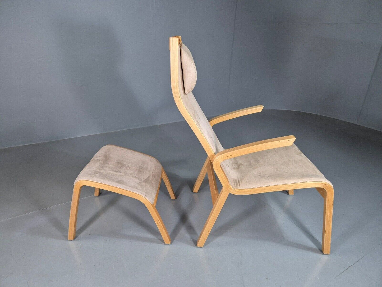 Vintage Danish Lounge Chair Footstool Faux Suede Bentwood MCM Retro EB7397 MNOR - UKDK FURNITURE