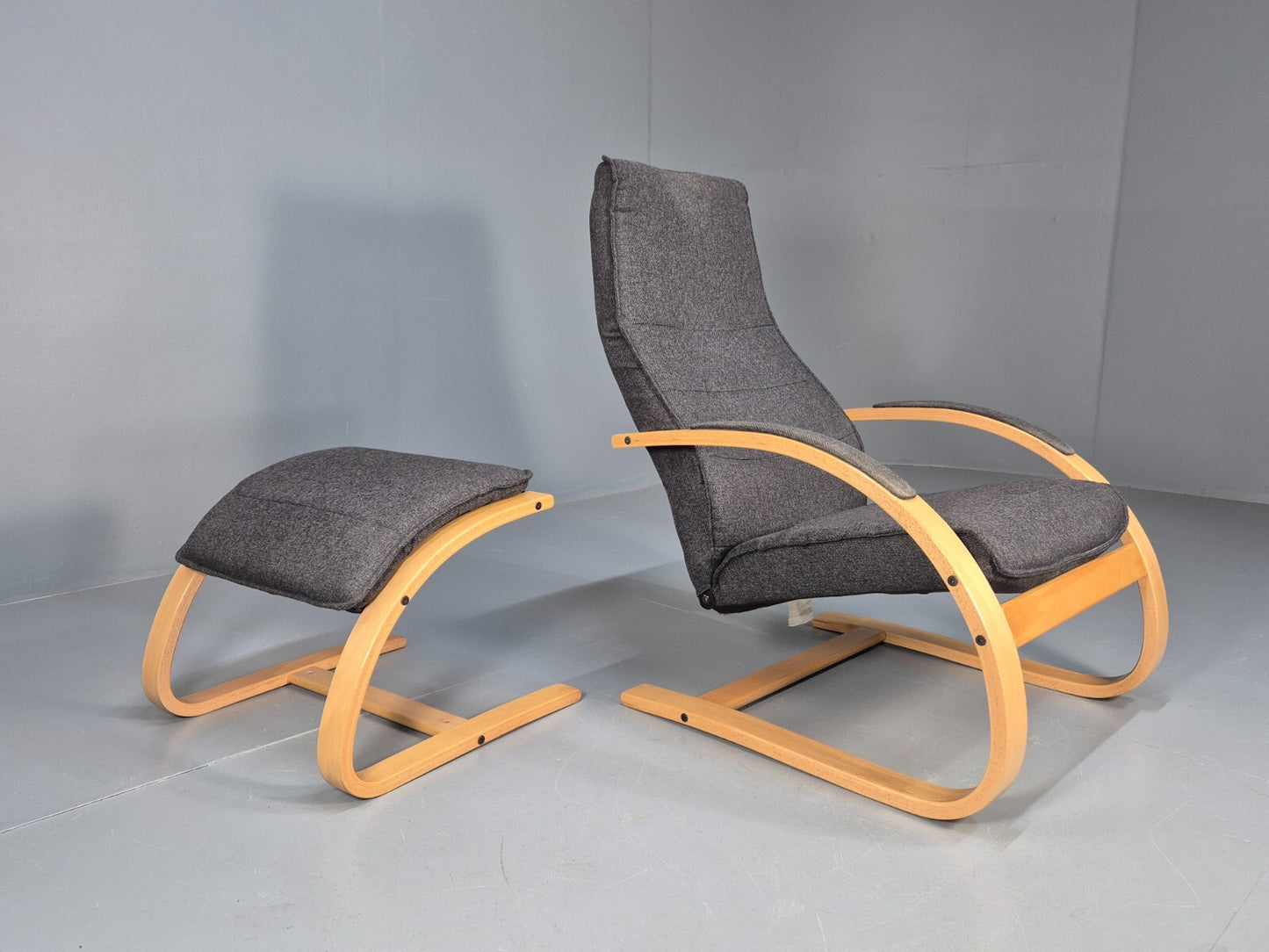 Vintage Danish Bentwood Chair and Footstool Verikon Grey Wool Retro EB9686 MBEN - UKDK FURNITURE