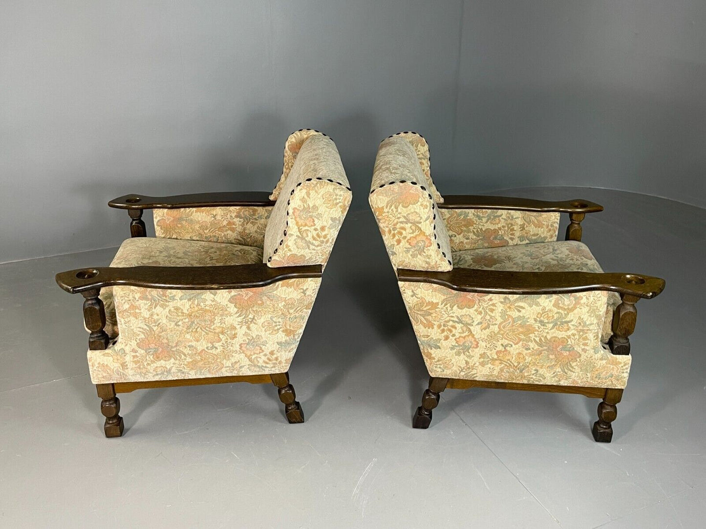 2 Vintage Danish Lounge Chairs Floral Cotton Oak Frame Retro EB6690 MNOR - UKDK FURNITURE