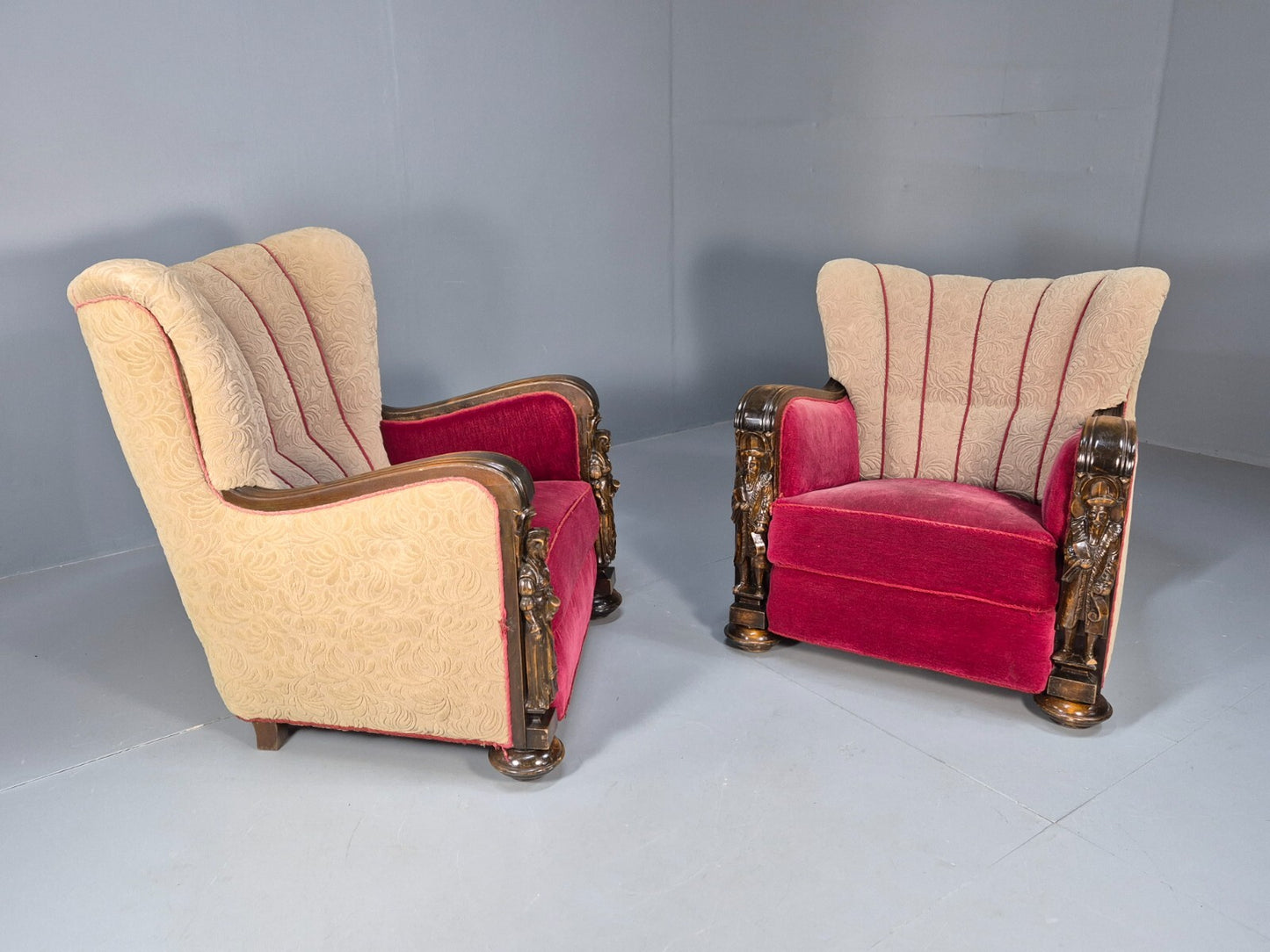 Art Deco Style Armchairs Pair Carved Oak Figures Creme Red Velour EB9586 VCAR - UKDK FURNITURE