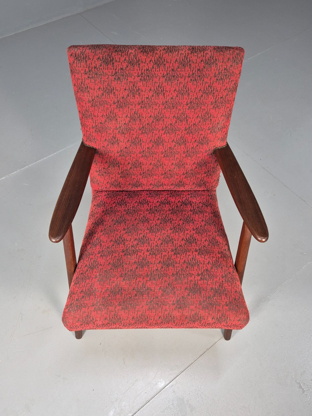 Mid Century Danish Armchair Teak Wood Red Pattern Fabric Vintage 60s EB9598 MNOR - UKDK FURNITURE