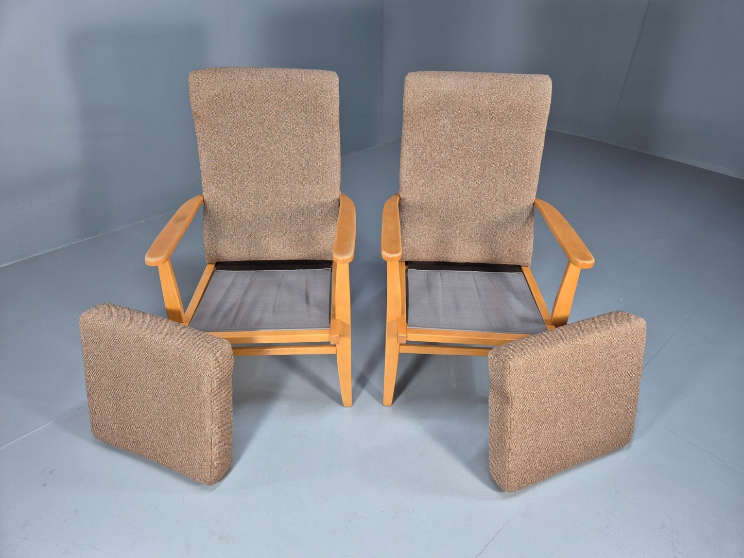 Vintage Oatmeal Armchairs Beech Frame Pair Retro Design EB9489 MNOR - UKDK FURNITURE