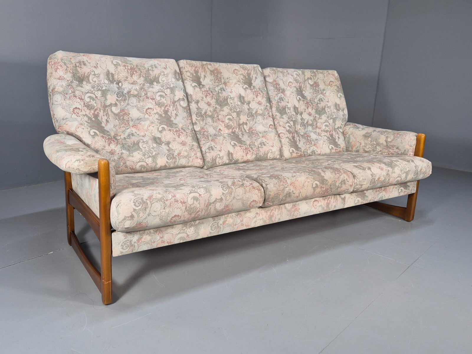 Vintage 1970s Wood Frame 3 Seat Sofa Floral Cotton Upholstery Retro EB9474 M3SS - UKDK FURNITURE