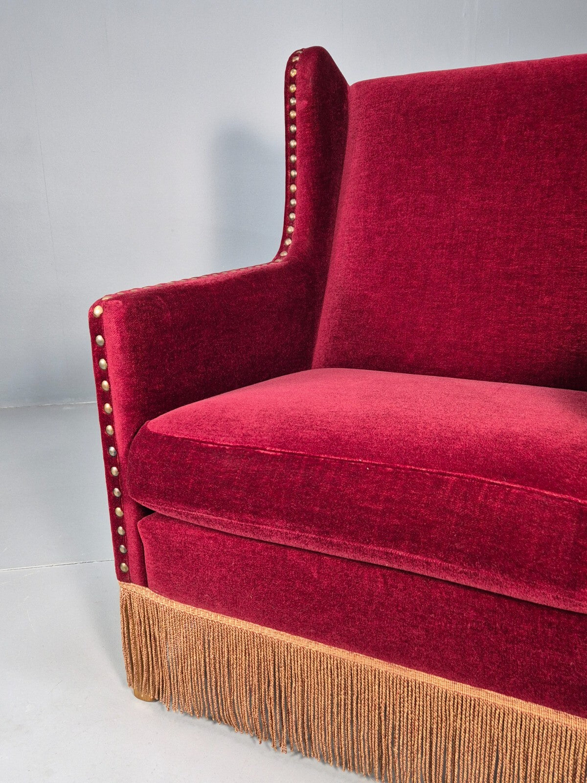 Vintage Danish Wingback Lounge Chair Red Velour Tassels 1940s Retro EB9614 VCLO - UKDK FURNITURE