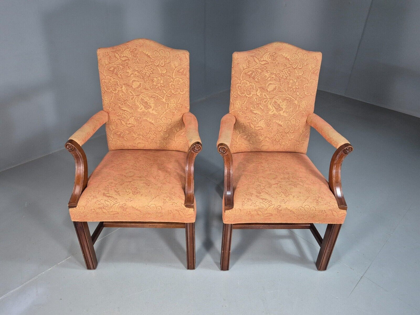 2 Vintage Lounge Chair Peach Floral Cotton Georgian Style 1980 Repro EB8215 VCLO - UKDK FURNITURE