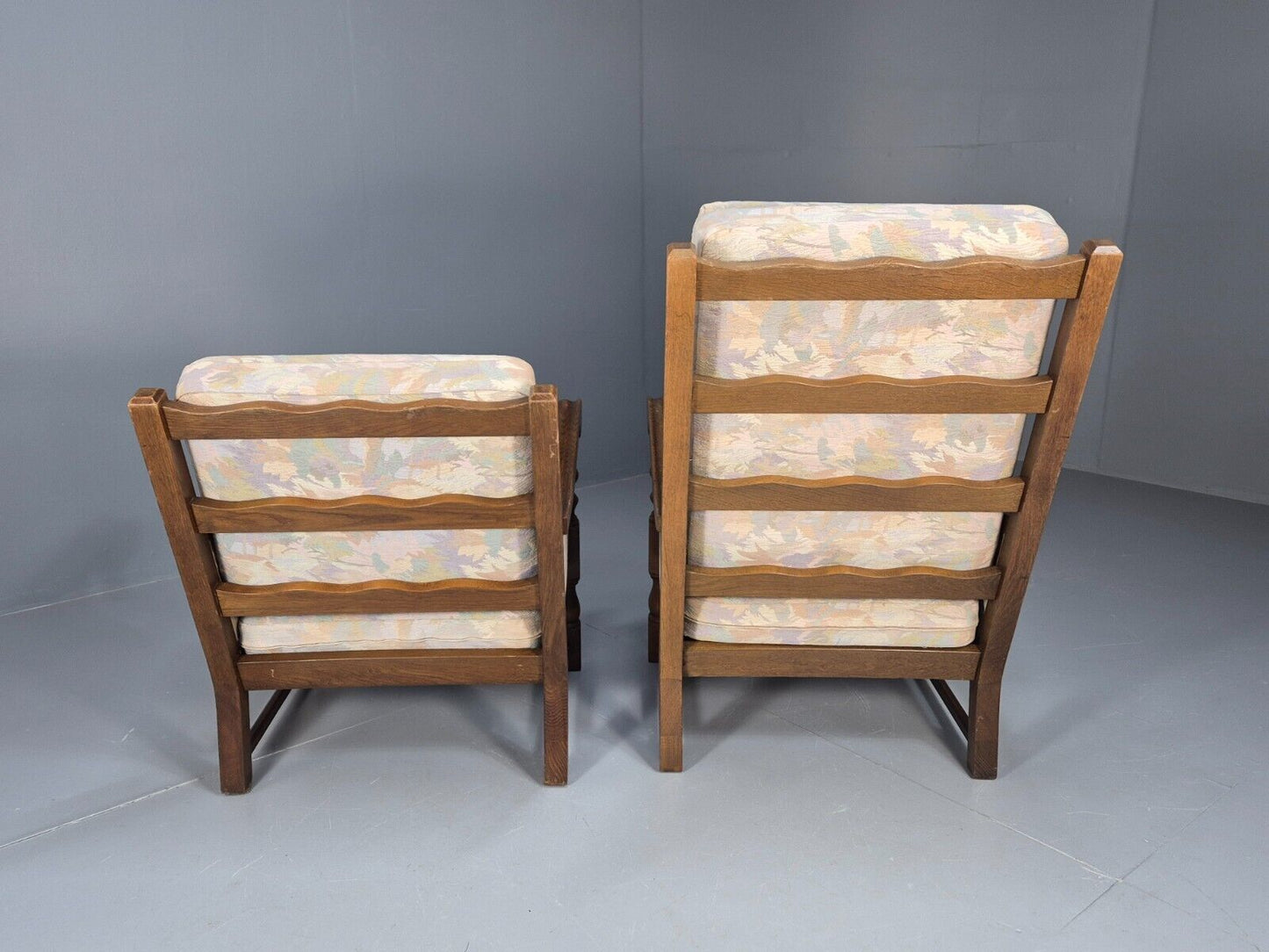 2 Vintage Danish Lounge Chairs Floral Beige Cotton Oak Frame Baroque EB8952 VCLO - UKDK FURNITURE
