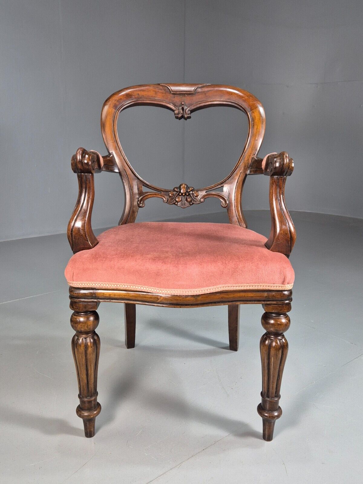 Vintage Elbow Chair Pink Velour Mahogany Frame Balloon Back Antique EB7861 VCAR - UKDK FURNITURE