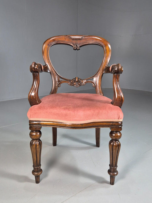 Vintage Elbow Chair Pink Velour Mahogany Frame Balloon Back Antique EB7861 VCAR - UKDK FURNITURE
