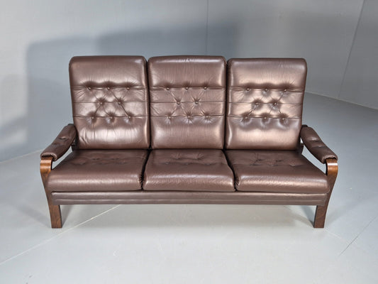Vintage danish 3 seat Brown Leather Sofa Bentwood Frame 1980s Retro EB9079 M3SS - UKDK FURNITURE