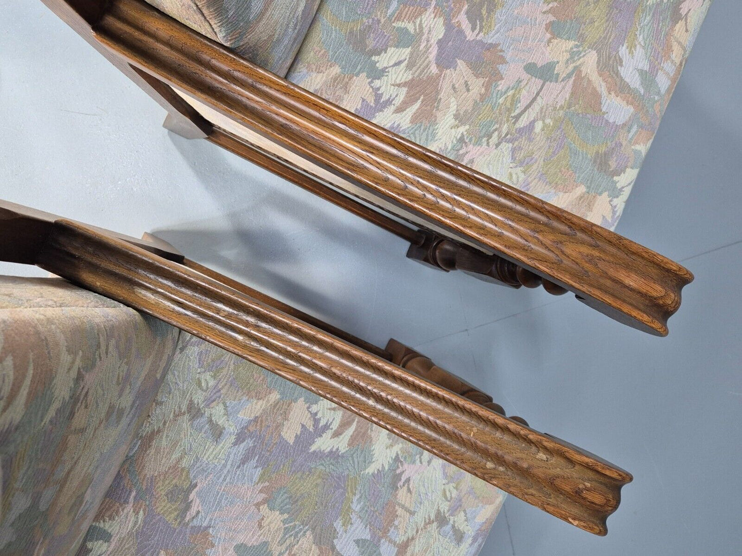 2 Vintage Danish Lounge Chairs Floral Beige Cotton Oak Frame Baroque EB8952 VCLO - UKDK FURNITURE
