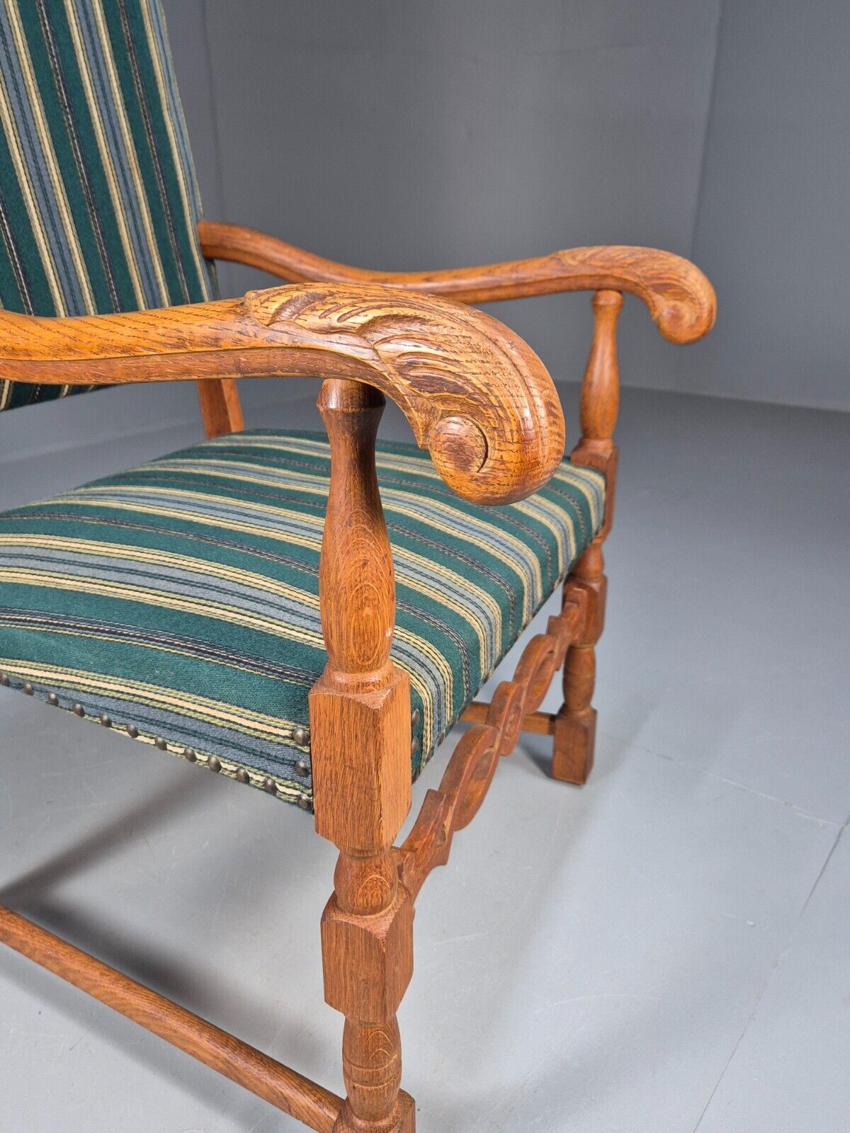 A Vintage Danish Baroque Style Armchair Green Wool Stripe Oak Frame EB9002 VCLO - UKDK FURNITURE