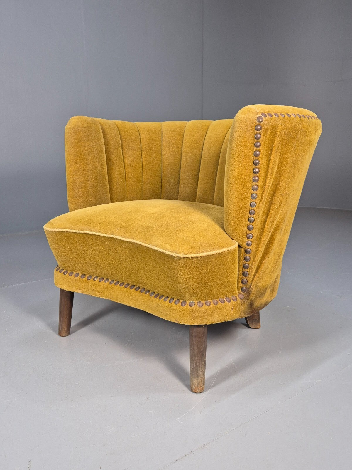 Vintage Danish Art Deco Tub Chair Mustard Velour Shell Back 1940s EB9014 VCLO - UKDK FURNITURE