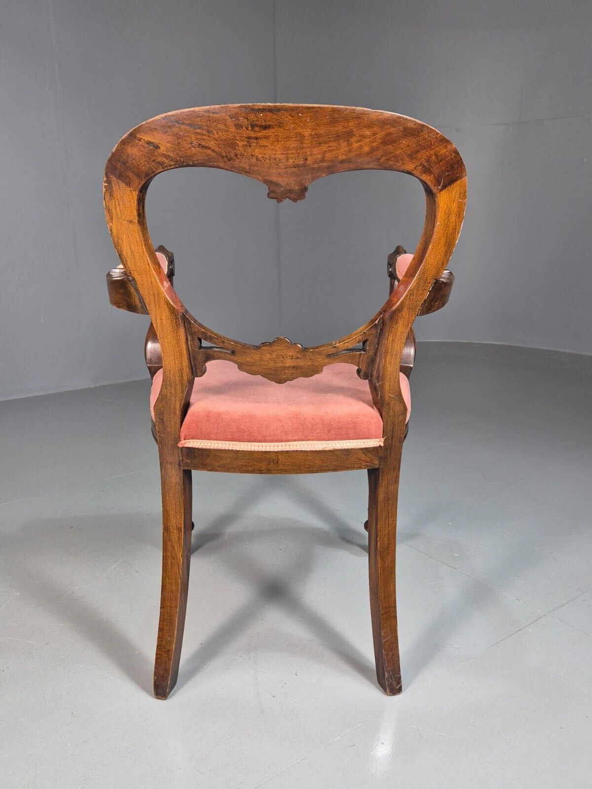 Vintage Elbow Chair Pink Velour Mahogany Frame Balloon Back Antique EB7861 VCAR - UKDK FURNITURE
